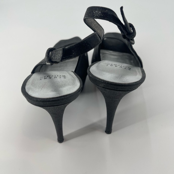 Stuart Weitzman Black Glitter and Leather Peep Toe Slingback Pumps heels size 8M - Picture 8 of 9